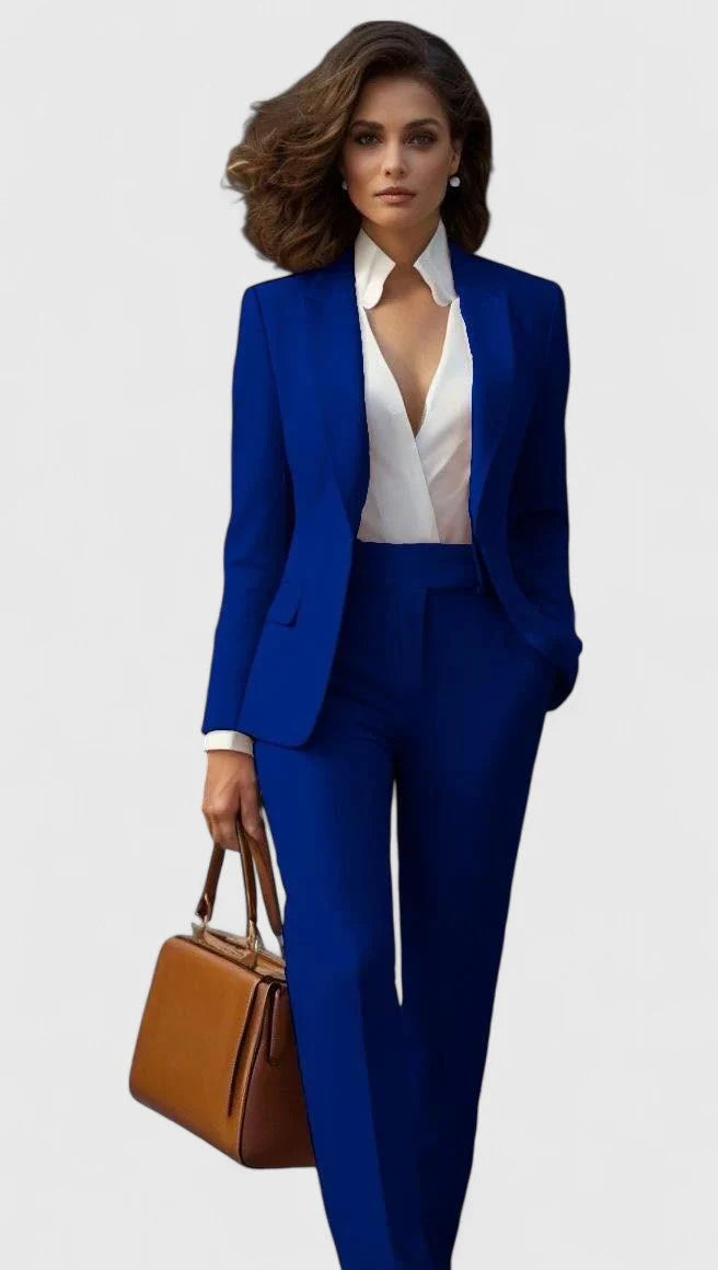 Women's tailored suit trousers showing high-waist fit and clean-lined tailoring detail