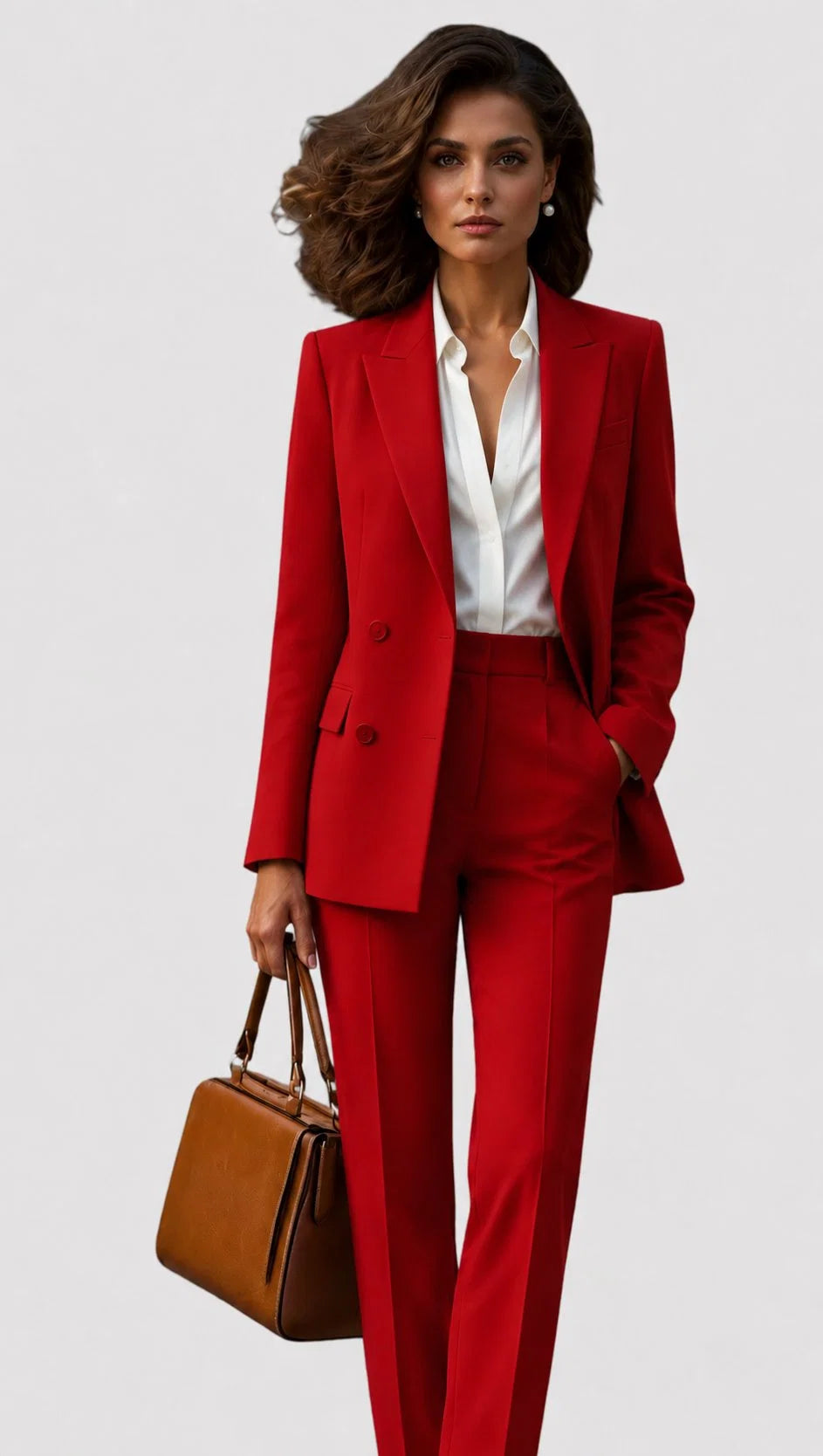 Back view of women's tailored suit set showing blazer vent and trouser fit