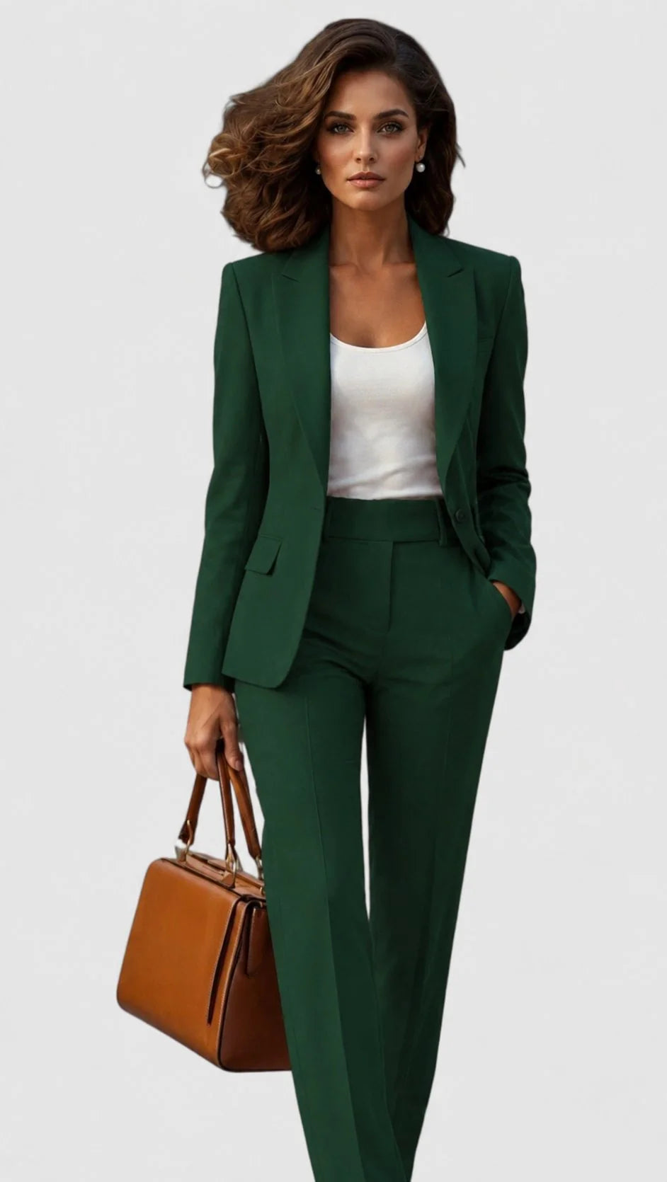 Women's tailored suit set in coral-red showing complete coordinated blazer and trouser pairing