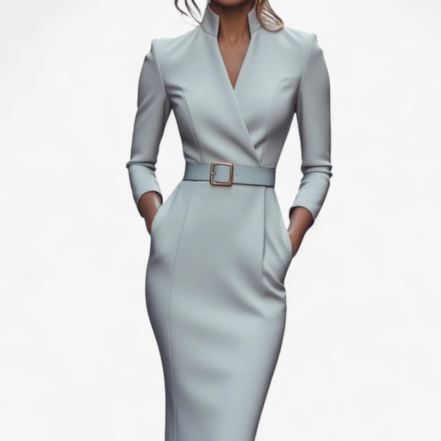 Full-length view of belted midi dress showing flattering silhouette and matching belt