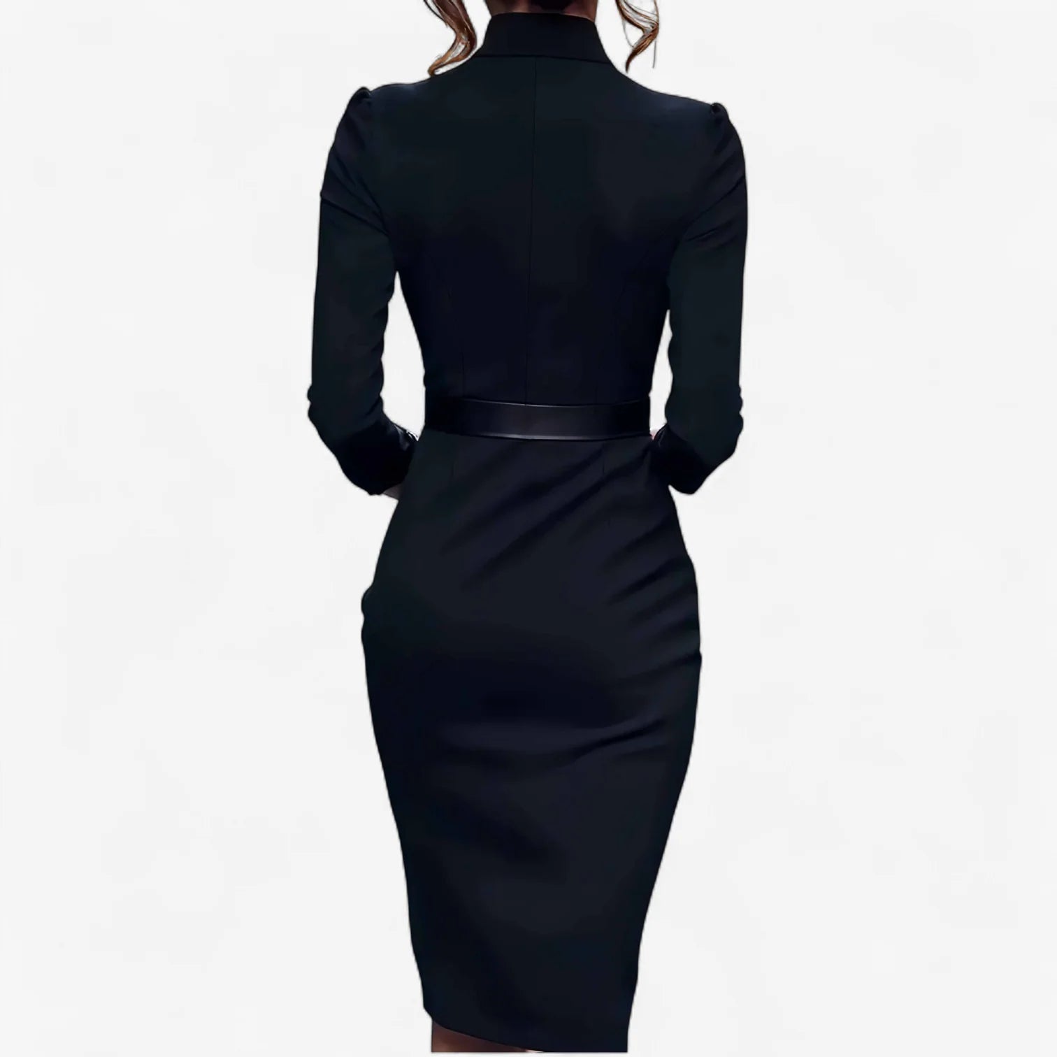 Close-up of belted midi dress showing tailored V-neckline and structured bodice with puff shoulders