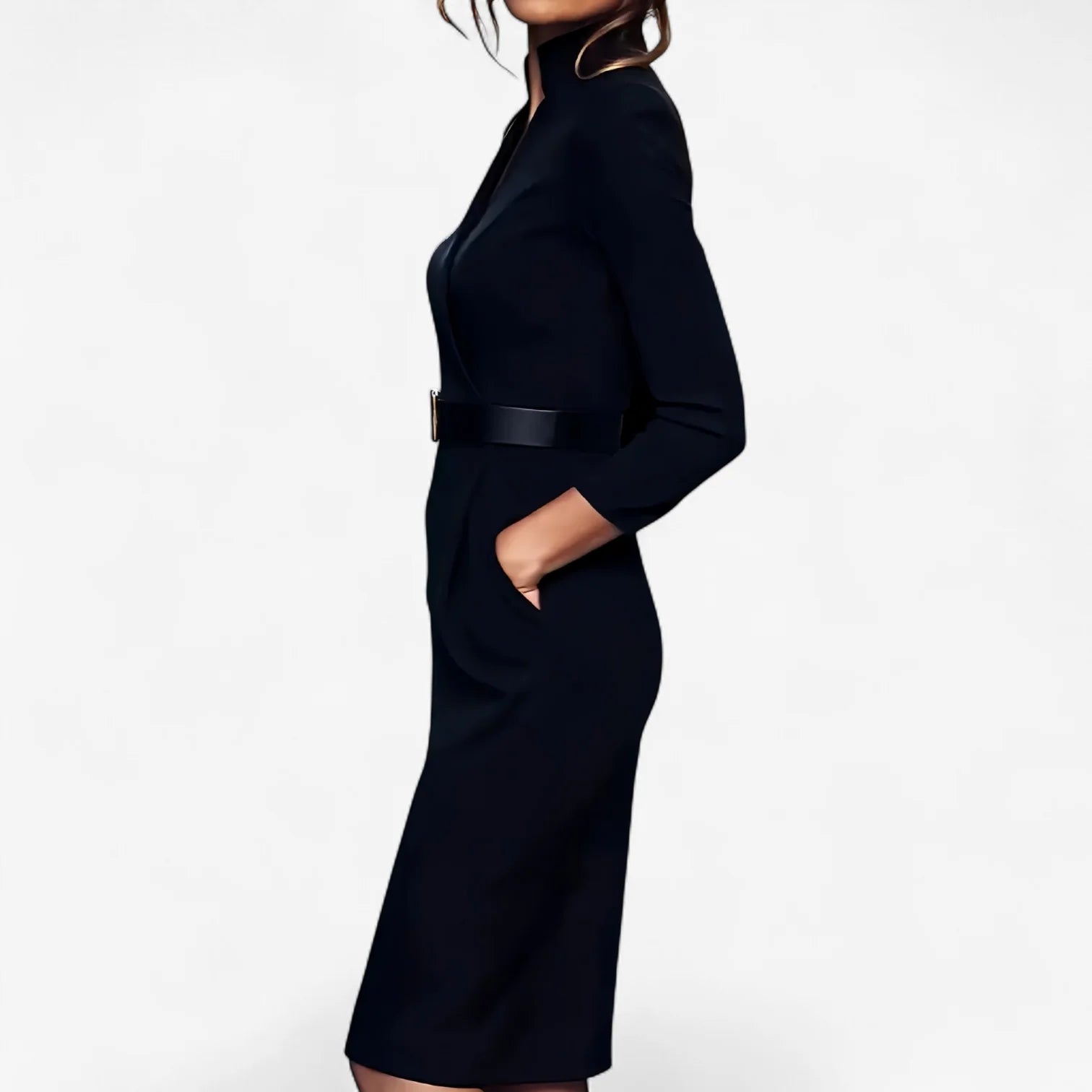 Side view of belted midi dress highlighting defined waist and knee-length skirt with pockets