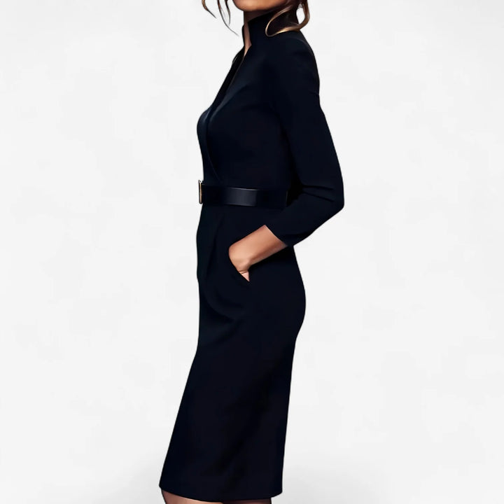 Side view of belted midi dress highlighting defined waist and knee-length skirt with pockets