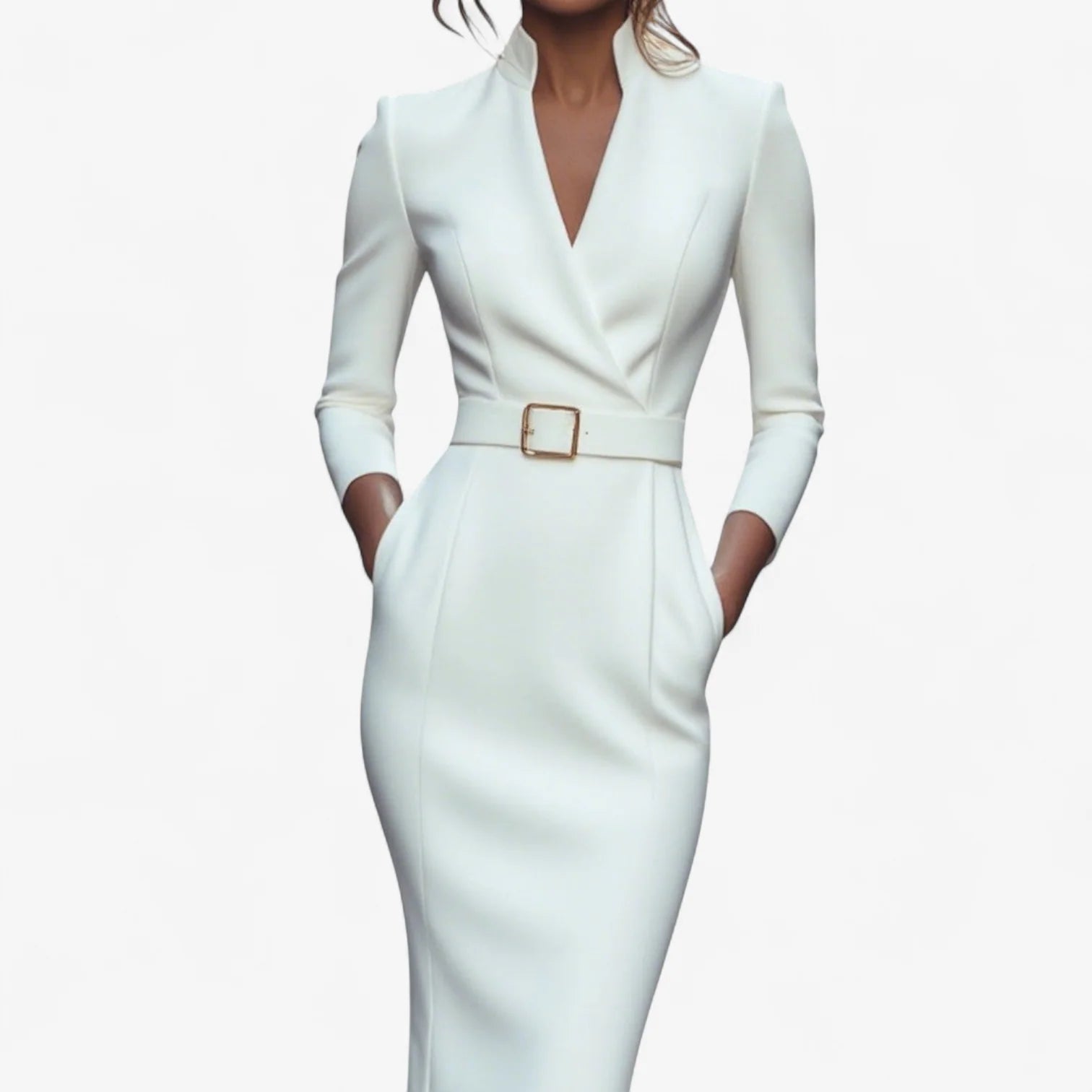 Belted midi dress in burgundy red with V-neck and tailored silhouette for formal occasions