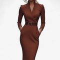 Belted midi dress in beige featuring structured fabric and polished waist belt