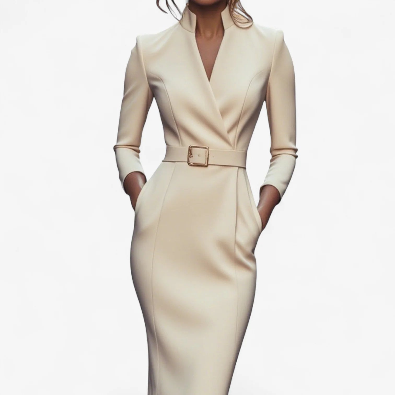 Back view of belted midi dress displaying clean lines and tailored construction