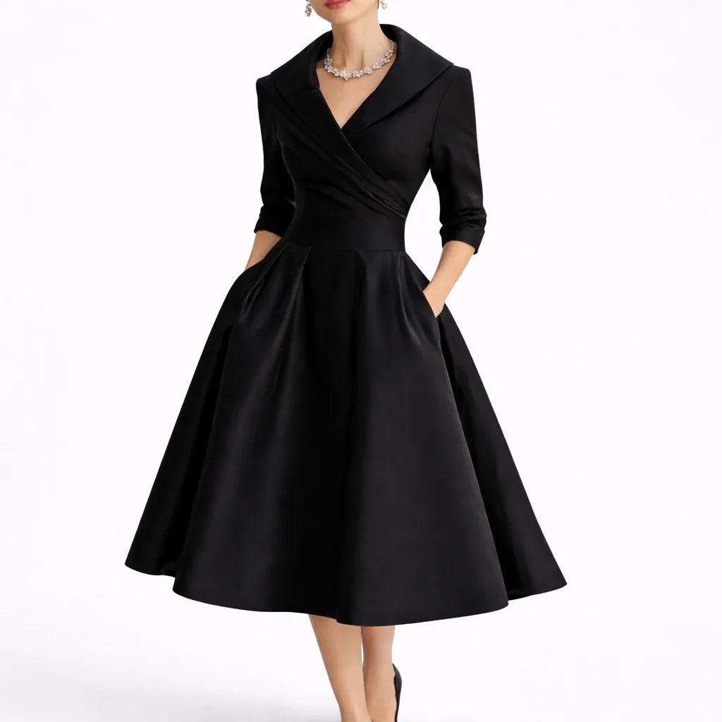 Collared midi dress with wrap bodice and A-line skirt in black, shown from the front
