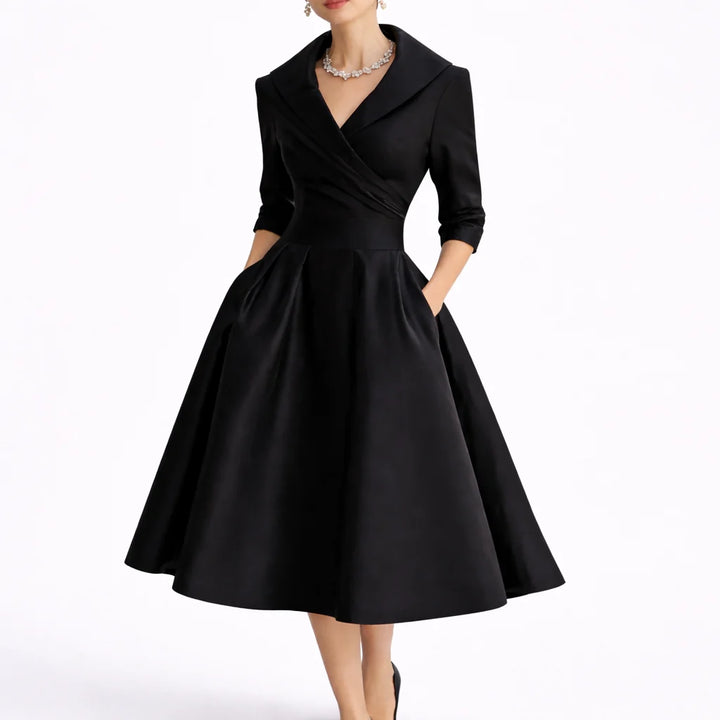 Collared midi dress with wrap bodice and A-line skirt in black, shown from the front