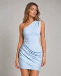 One shoulder ruched mini dress in light blue with asymmetric neckline and draped detailing for cocktail occasions