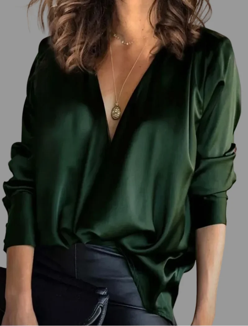 Satin V-neck blouse with deep draped neckline and long sleeves in rich green