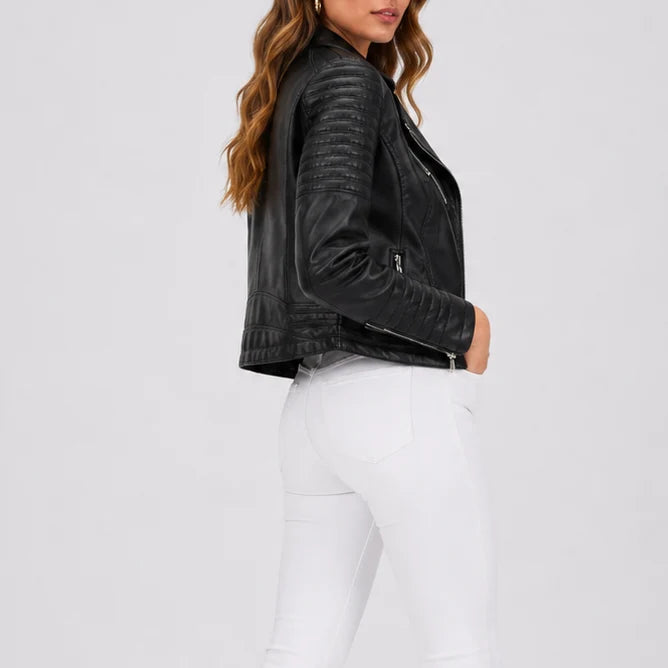 Side angle of women's biker jacket displaying tailored fit and quilted sleeve detailing