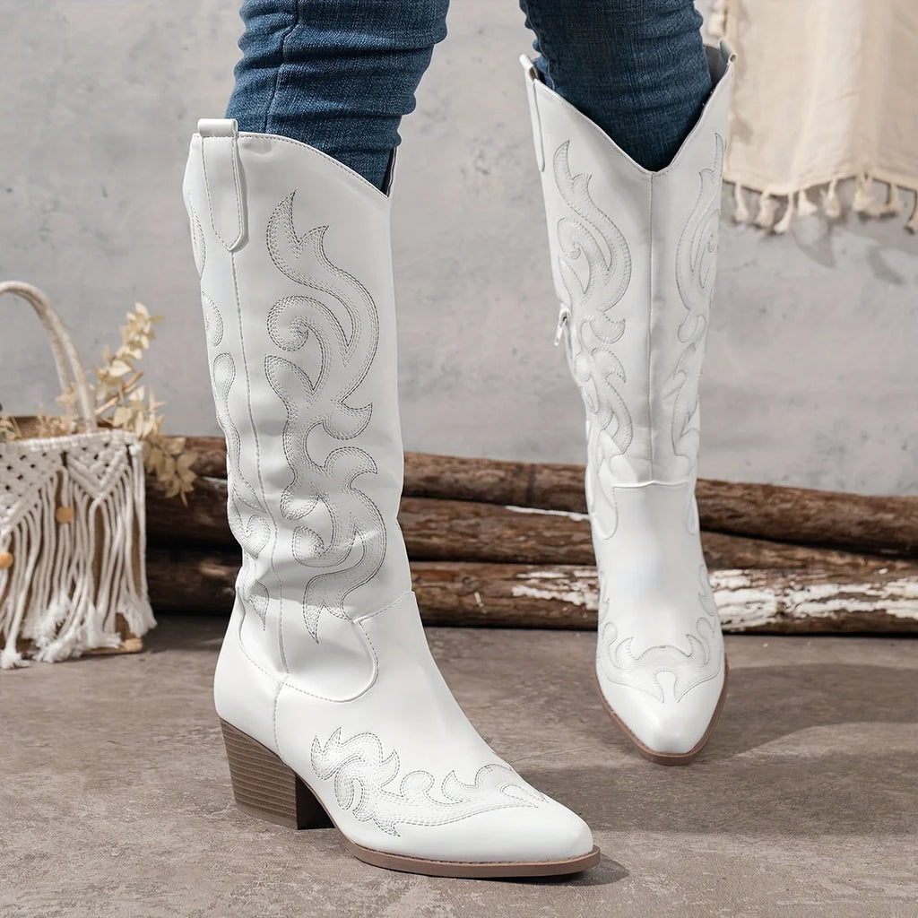 Detail shot of embroidered western motifs and smooth finish on white cowboy boots
