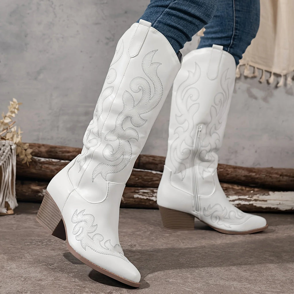 Overhead view of white cowboy boots showing pointed toe construction and decorative stitching