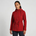 Women's hooded jacket in red with adjustable drawstring waist and full zip front closure