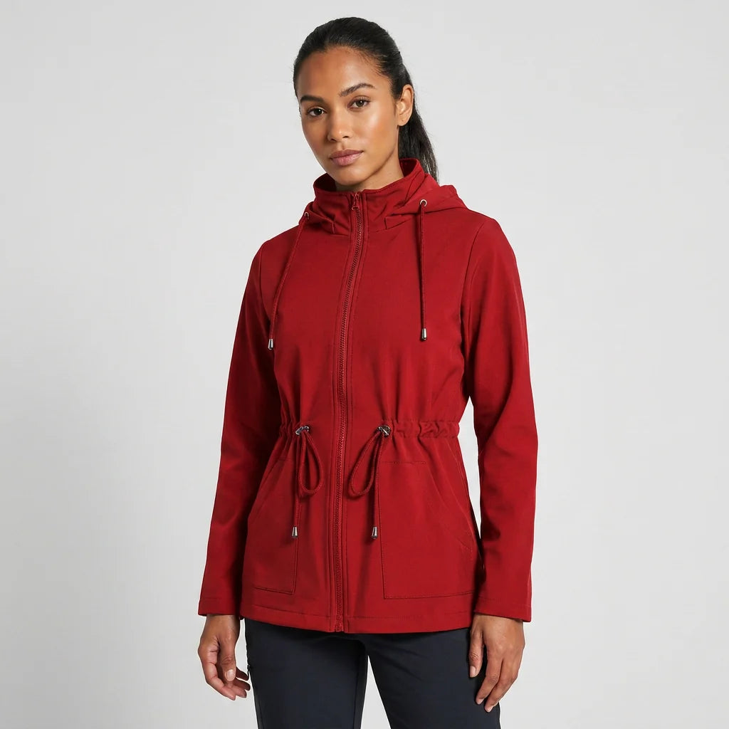 Women's hooded jacket in red with adjustable drawstring waist and full zip front closure