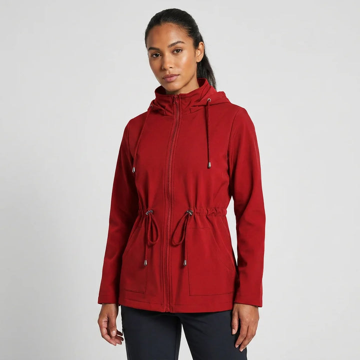 Women's hooded jacket in red with adjustable drawstring waist and full zip front closure
