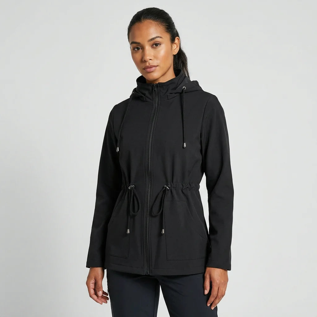 Women's zip-up jacket with drawstring waist detail shown in casual styling for everyday wear