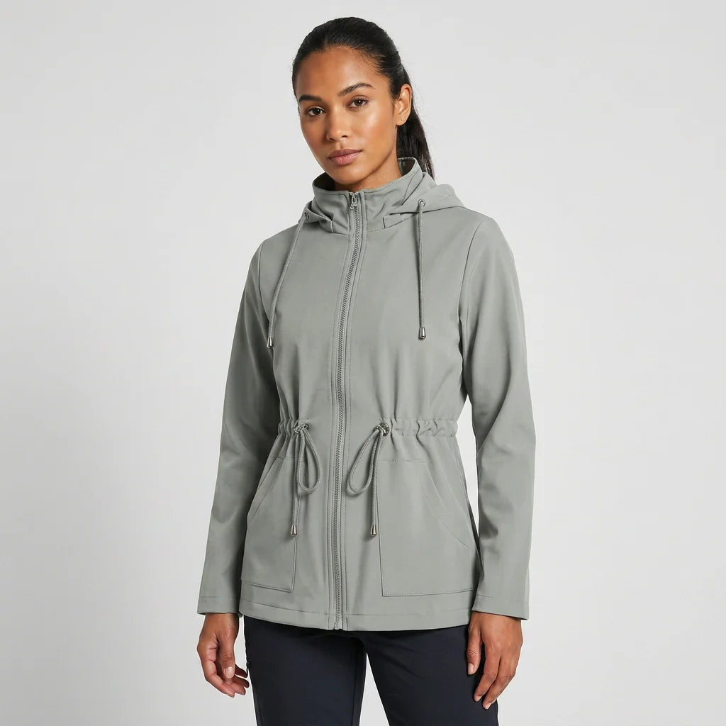 Side profile of women's hooded jacket displaying regular fit silhouette and long sleeves