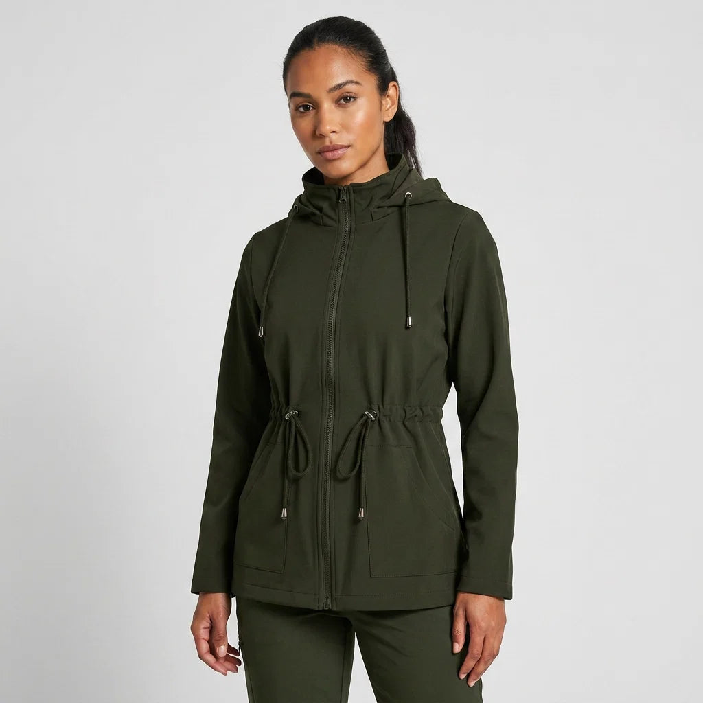 Women's hooded jacket styled with trousers for versatile casual layering and transitional weather