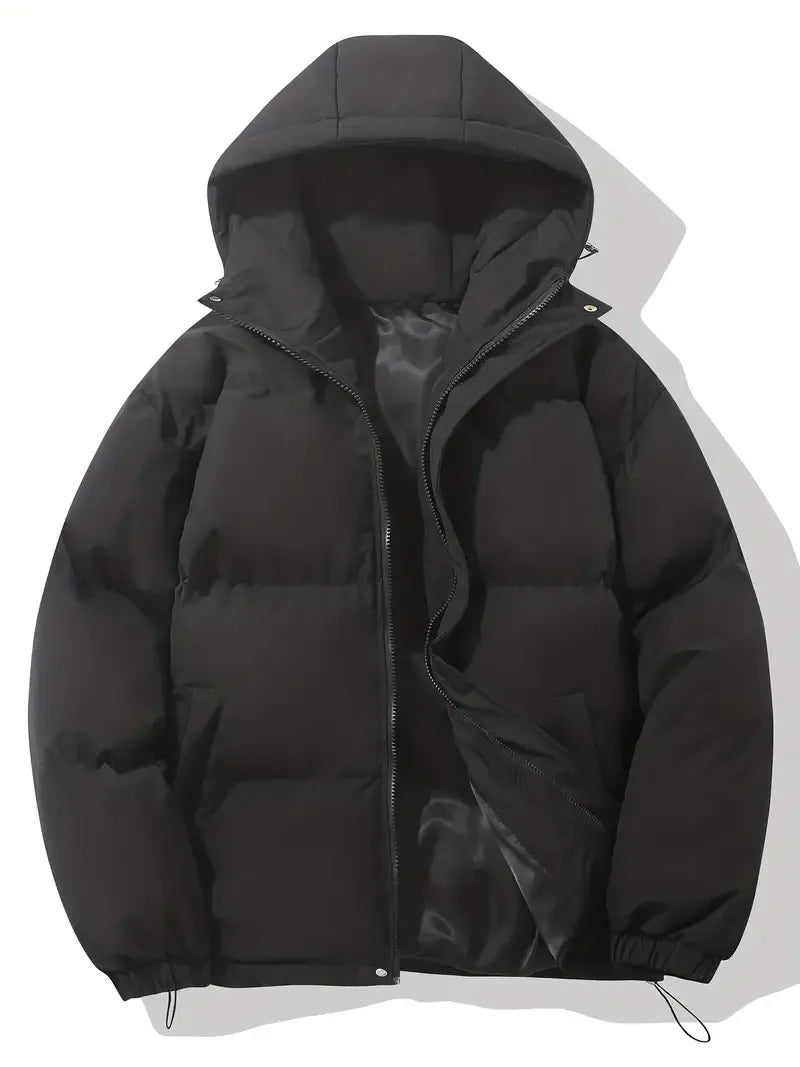 Women's hooded puffer jacket in black with quilted construction and full-length zip-up front closure