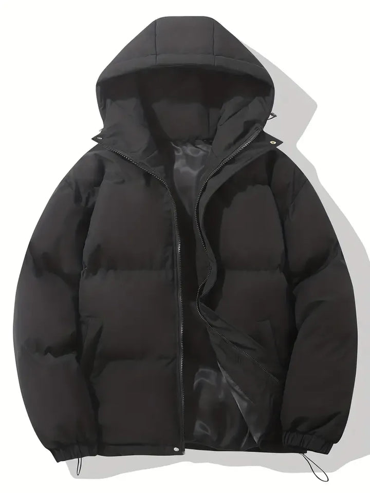 Women's hooded puffer jacket in black with quilted construction and full-length zip-up front closure