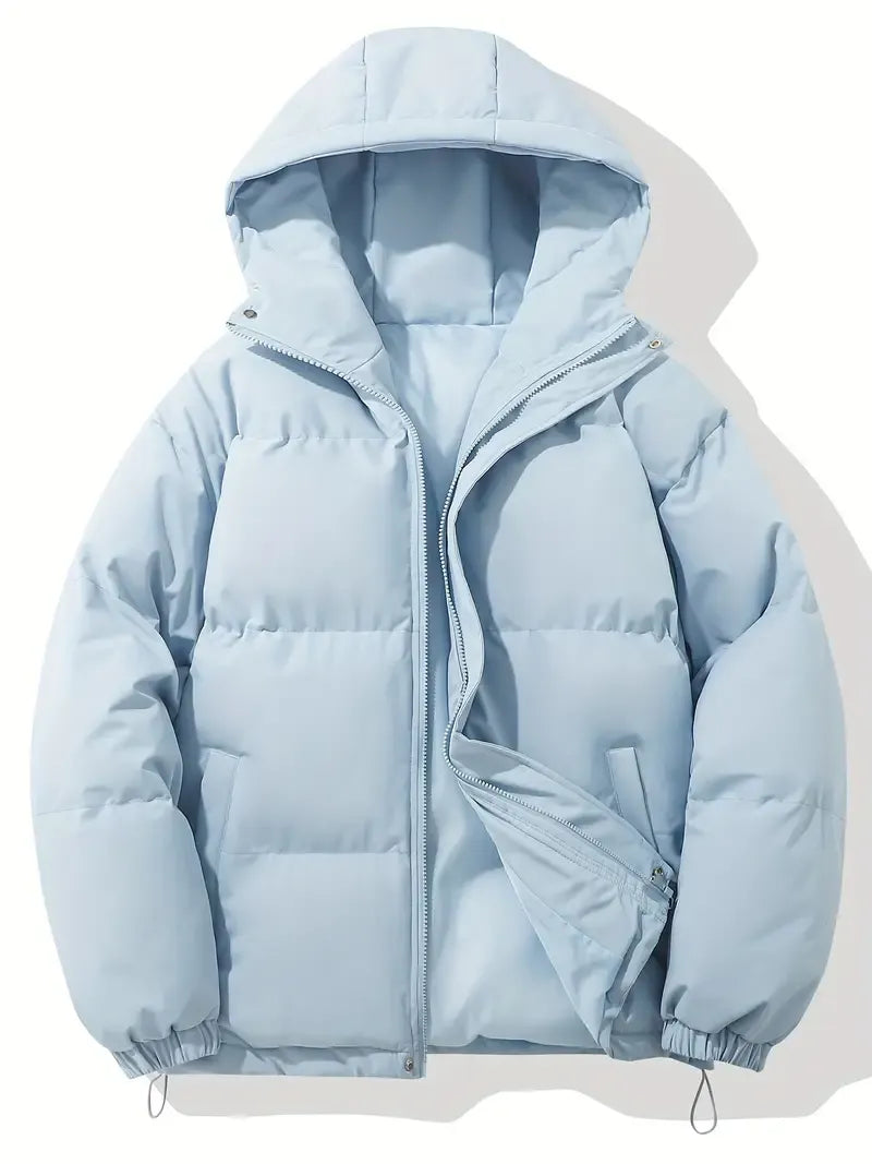 Women's hooded puffer jacket displayed flat showing full-length zip and adjustable hem drawstring