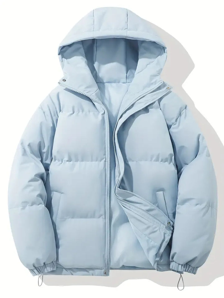 Women's hooded puffer jacket displayed flat showing full-length zip and adjustable hem drawstring