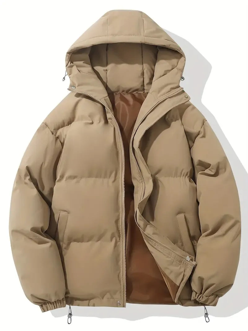 Back view of women's hooded puffer jacket with quilted construction and adjustable drawstring hem