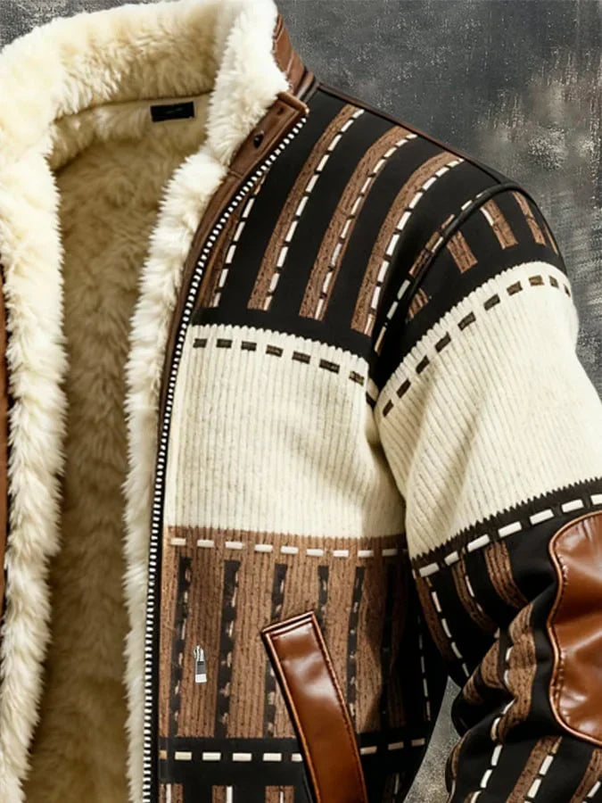 Close-up view of women's patterned bomber jacket showing ribbed cuffs and faux-leather trim details