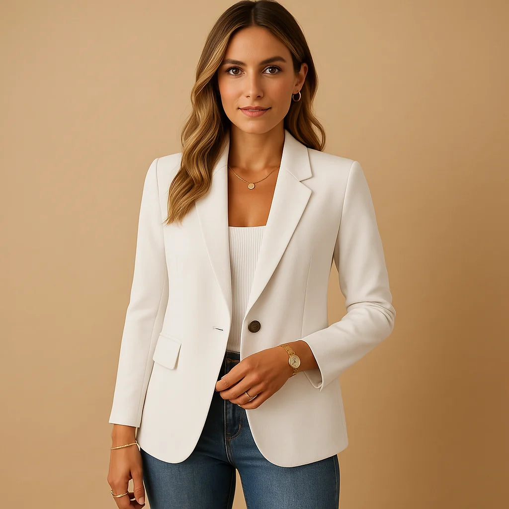 Women's tailored blazer in white with notch lapel collar and single button closure for office wear