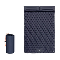 Double inflatable camping mat with integrated foot pump and dual pillows shown with compact carry bag