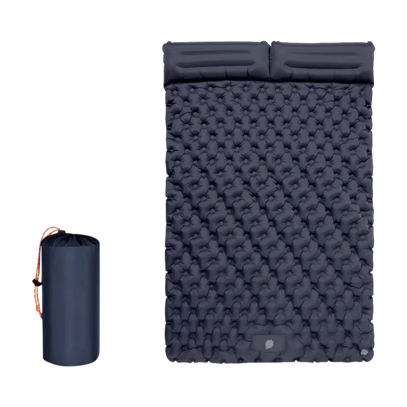 Double inflatable camping mat with integrated foot pump and dual pillows shown with compact carry bag