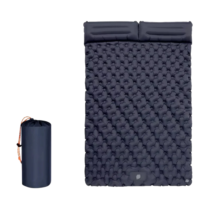 Double inflatable camping mat with integrated foot pump and dual pillows shown with compact carry bag