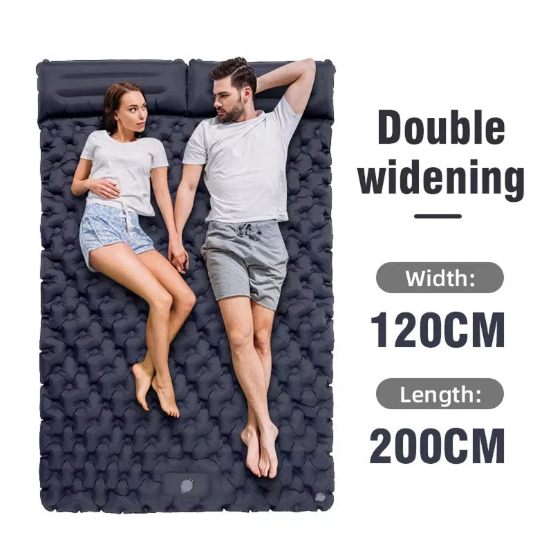 Double camping mat with foot pump shown in navy blue colour with carry bag