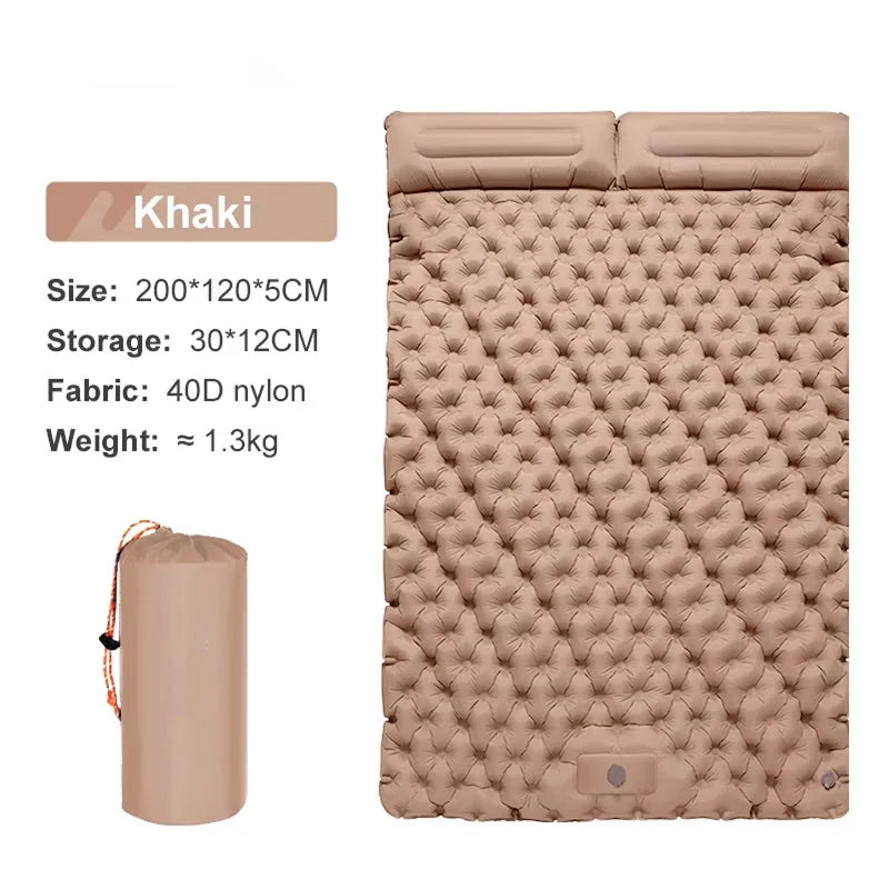 Overhead view of fully inflated double camping mat with dual pillows and textured surface