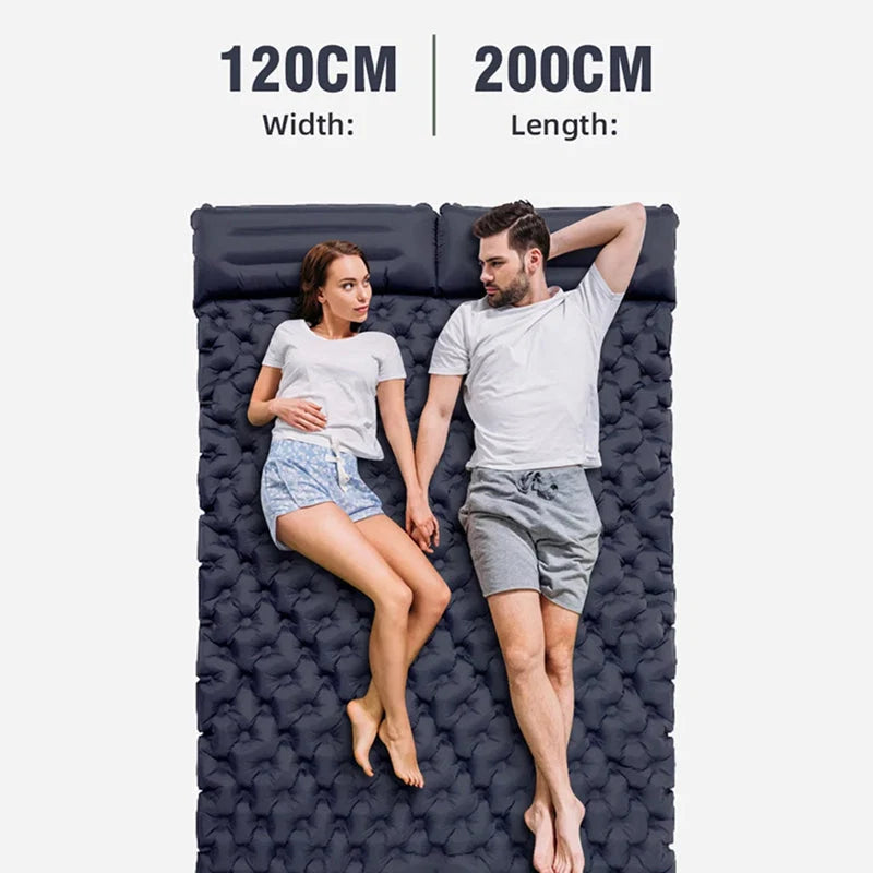 Side angle of inflated double camping mat showing cushioned thickness and pillow height