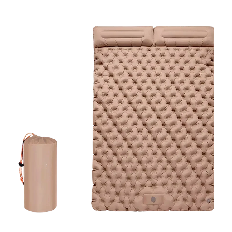 Side profile showing thickness and dual pillow design of inflatable camping mat for two adults