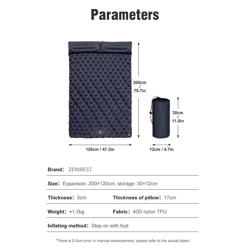 Full overhead view of double-wide inflatable camping mat with built-in foot pump system