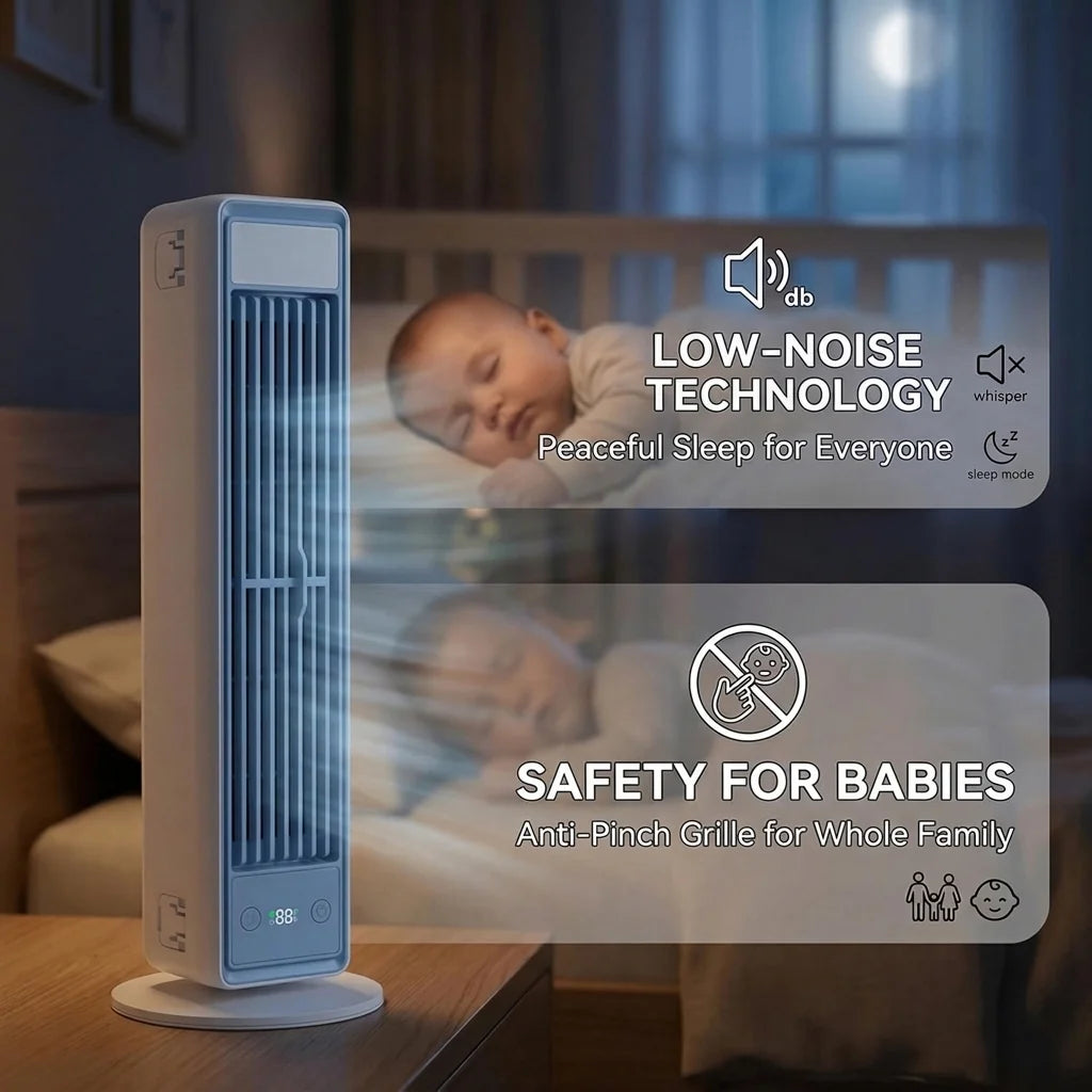 Bladeless tower fan with remote control and digital display on bedside table in bedroom setting