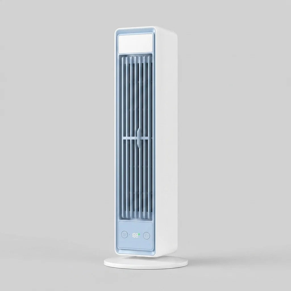 Close-up of bladeless tower fan showing vertical grille design and control panel with digital display
