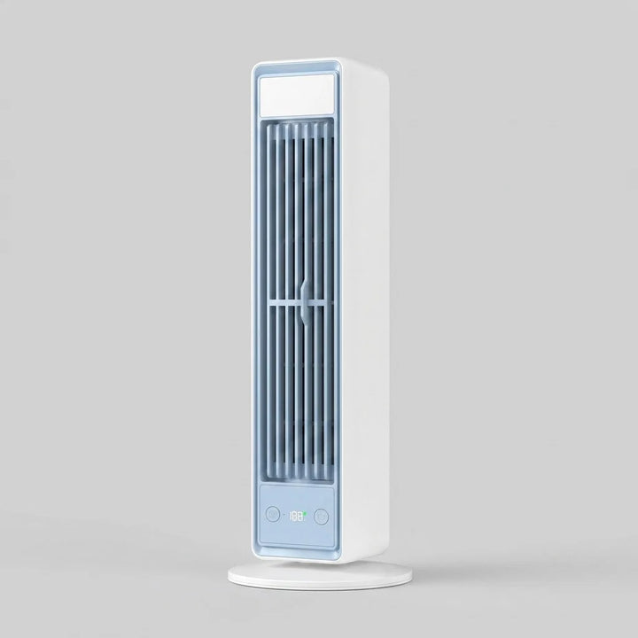 Close-up of bladeless tower fan showing vertical grille design and control panel with digital display