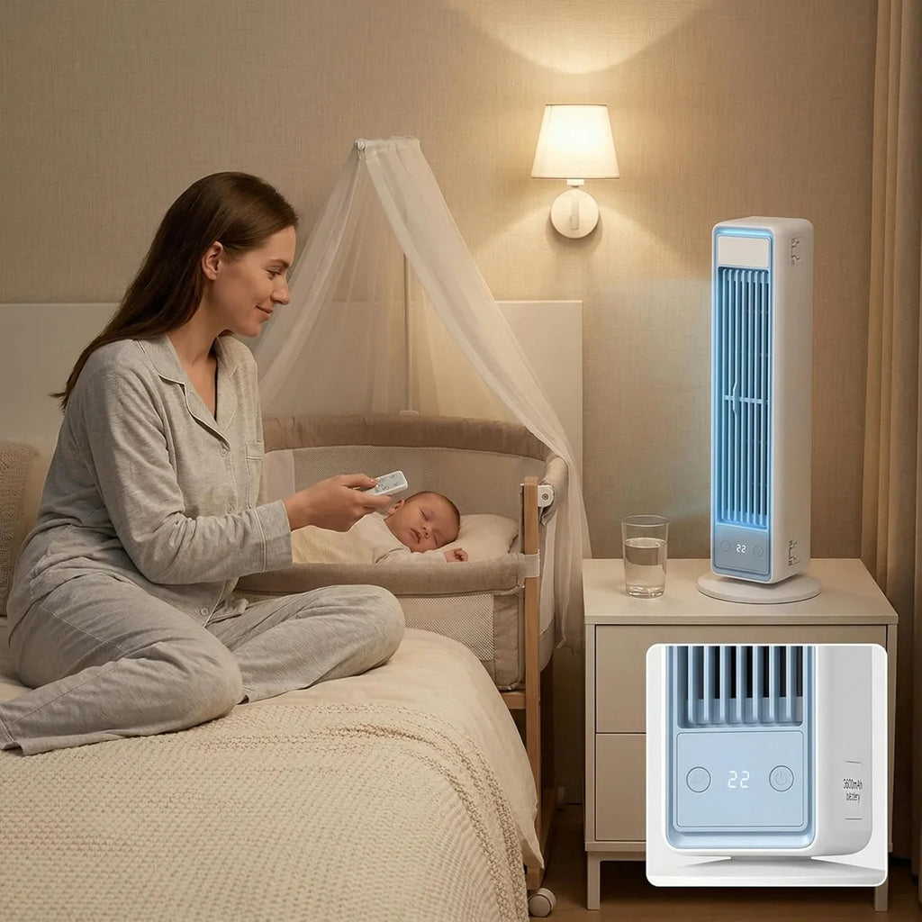 Bladeless tower fan remote control and rechargeable battery features with speed settings diagram