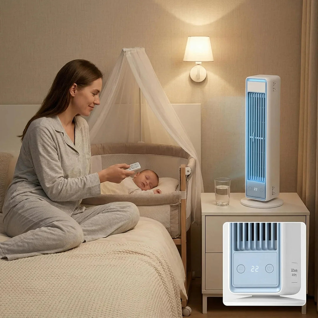 Bladeless tower fan remote control and rechargeable battery features with speed settings diagram