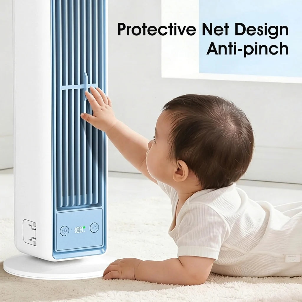Wide-angle oscillation feature of bladeless tower fan demonstrating airflow circulation in room