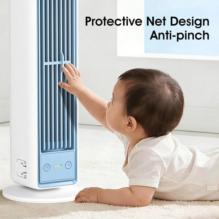 Wide-angle oscillation feature of bladeless tower fan demonstrating airflow circulation in room