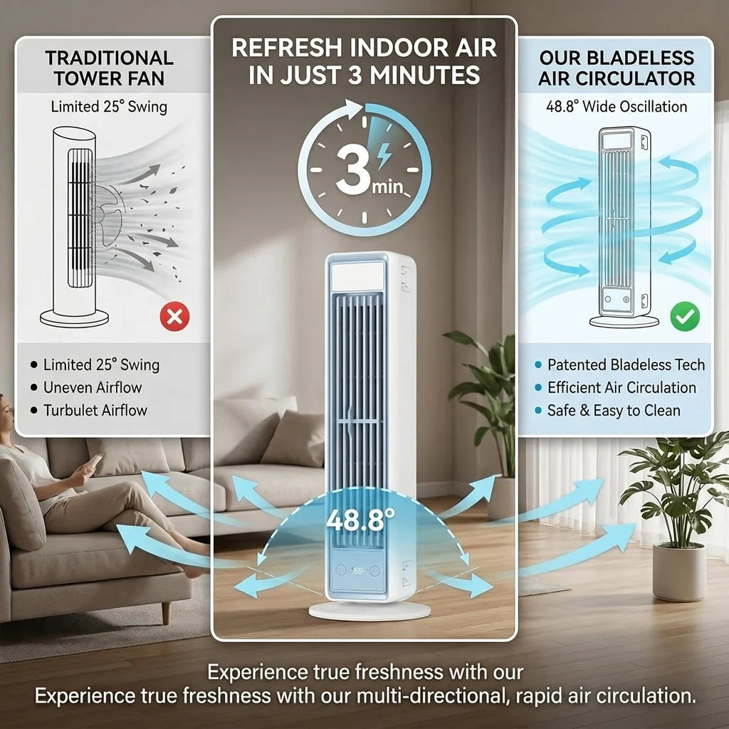 Bladeless tower fan safety grille design suitable for use around children and family members