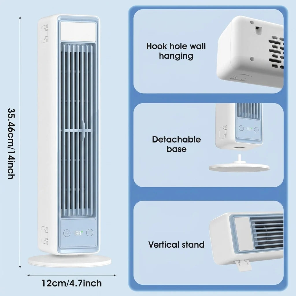 Bladeless tower fan installation options showing floor-standing, desktop, and wall-mounted configurations