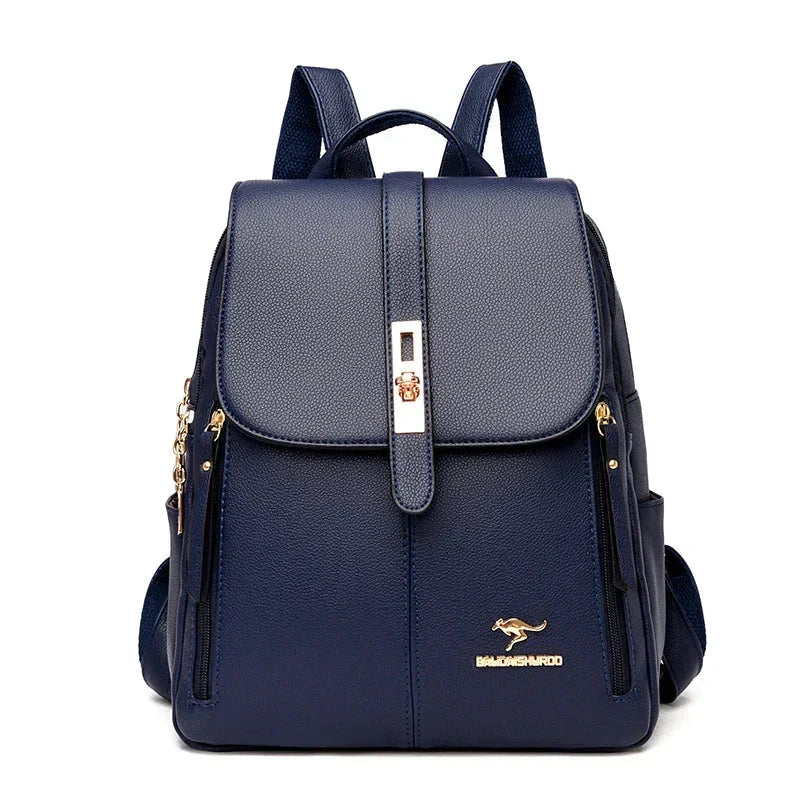 Close-up view of men's black leather backpack showing textured finish and adjustable shoulder straps