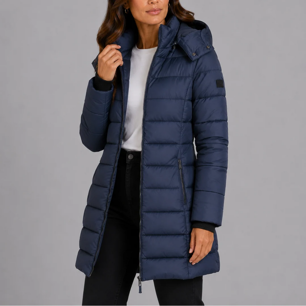 Women's long puffer jacket in navy with hood and quilted insulation, front zip closure
