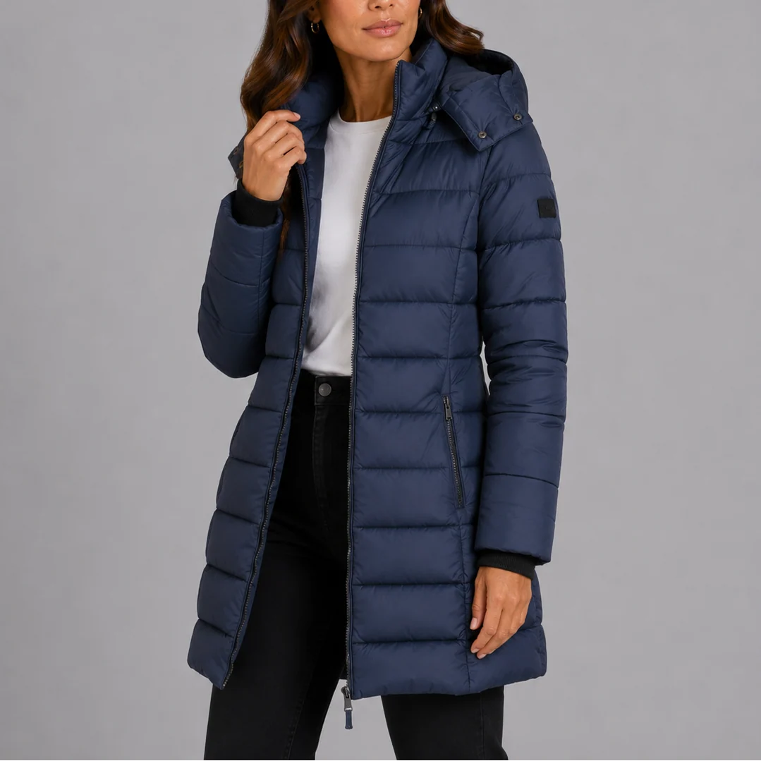Women's long puffer jacket in navy with hood and quilted insulation, front zip closure
